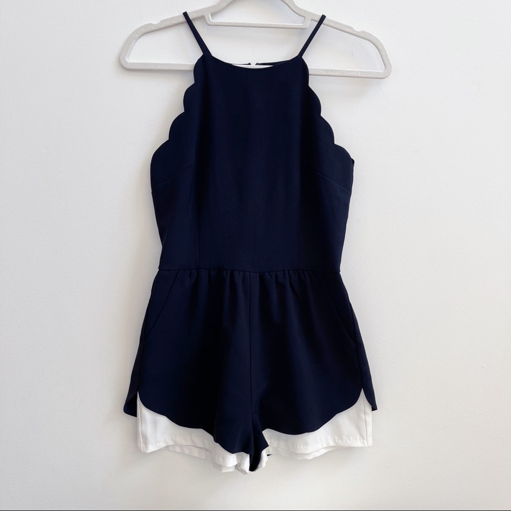 Aqua Black White Scallop Edge Halter Romper XS
